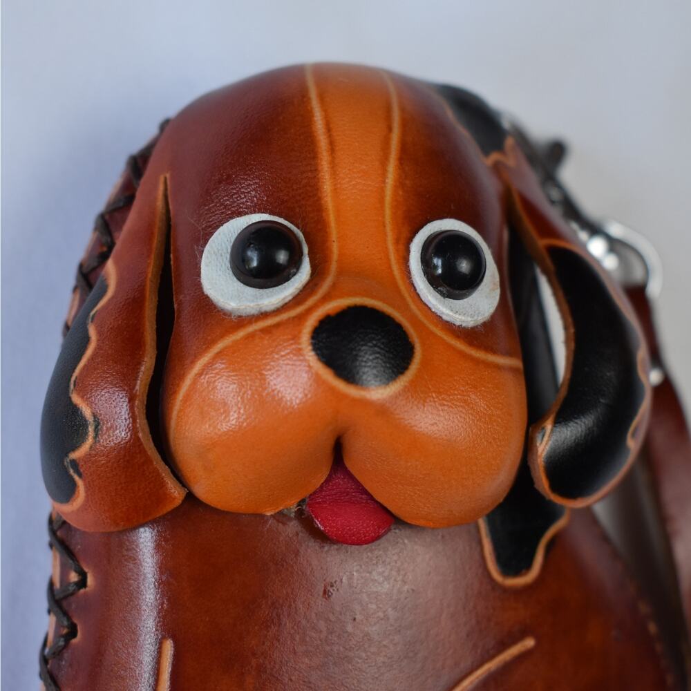 Handmade Leather Dog Coin Purse Puppy Wallet Brown Animal Keychain Bag Charm EUC - Picture 2 of 5
